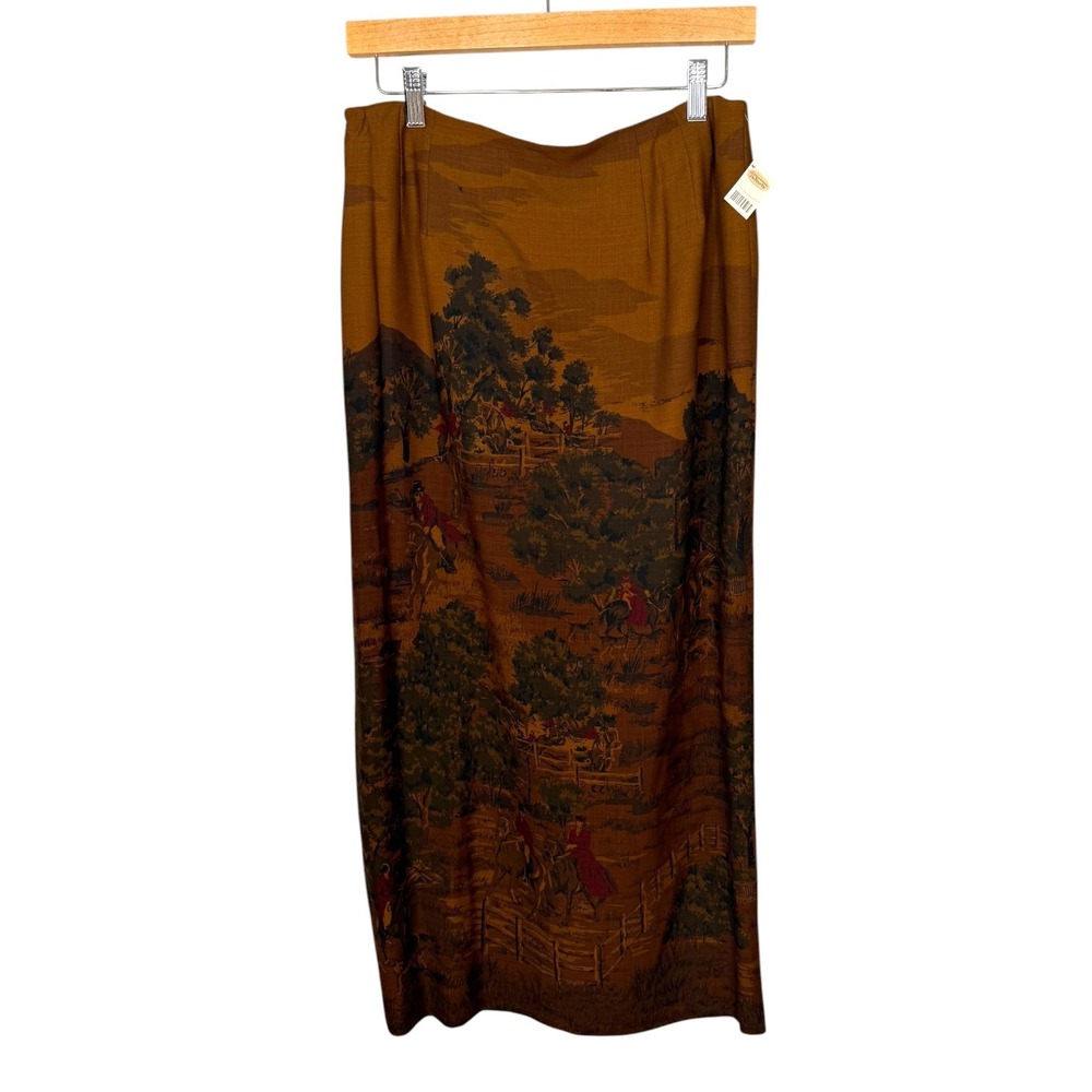 Vtg Equestrian Balmoral Fox Hunt Print Midi Skirt Brown Size 12 Countryside Flaw